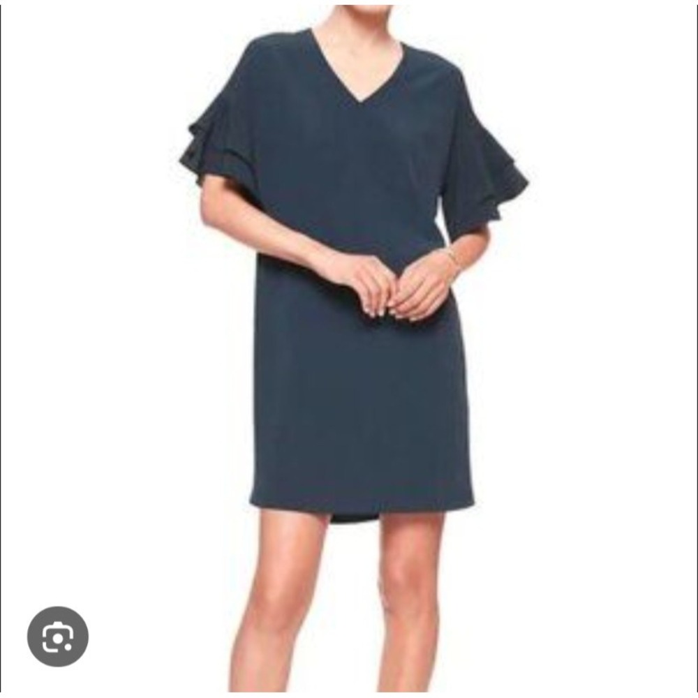 Banana Republic Dress Womens 0‎ Navy Blue Shift Ruffle Flounce Sleeve V-Neck 229